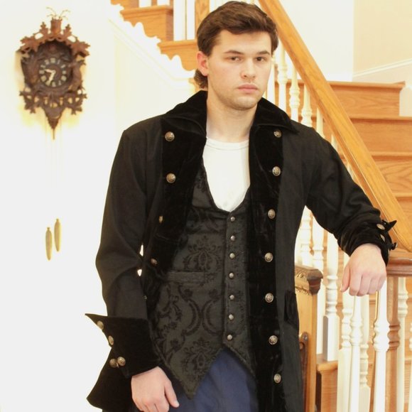 New Men's Long Pirate Gothic Black Brocade Vest With Cincher - Picture 3 of 5